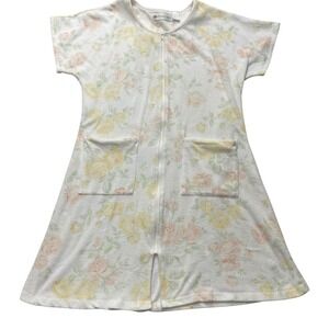 Eileen West Robe Housecoat M/L Floral Terry Cloth Zip Spa Bath Pool Beach Travel